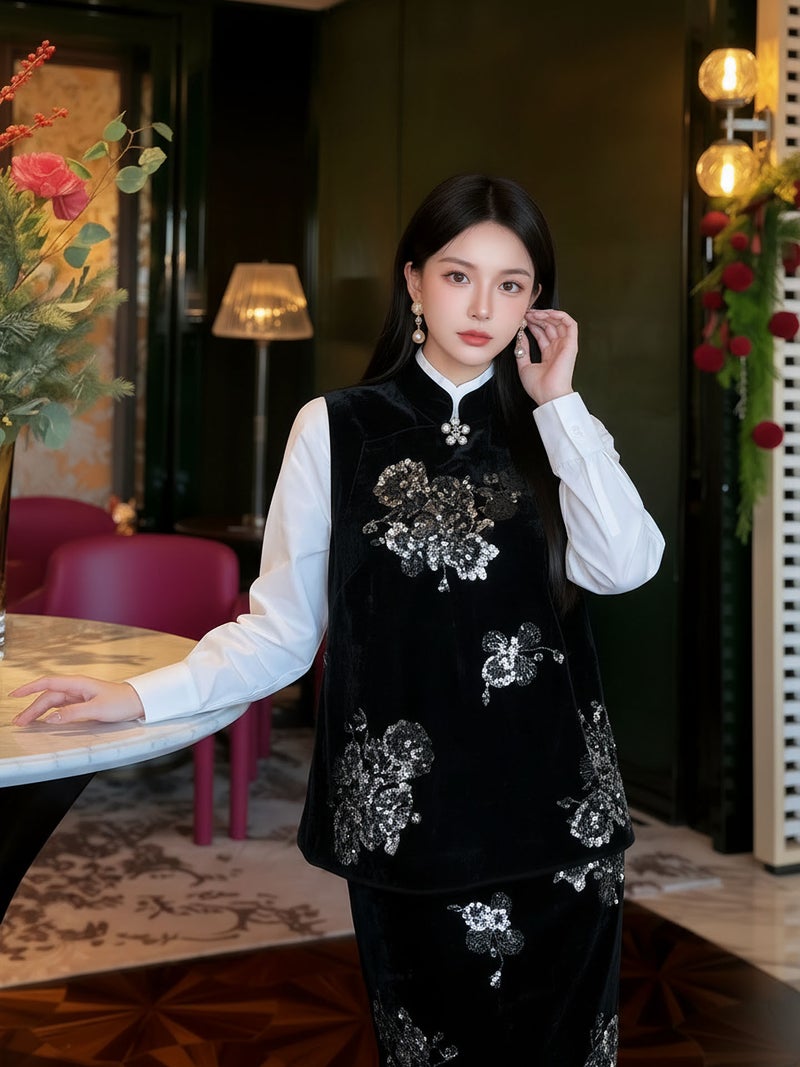 Yailla Versatile Chinese Style New Rich and Noble Light Luxury Embroidered Velvet Suit Pearl Decoration Retro Vest + Hip-Hugging Skirt Two-Piece Set for Women Niche Design Tang Coat Suit - Image 5